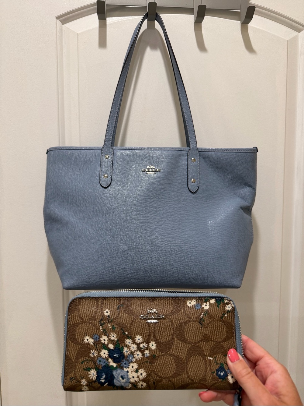Coach Blue Leather Tote with Floral Signature Zip Wallet